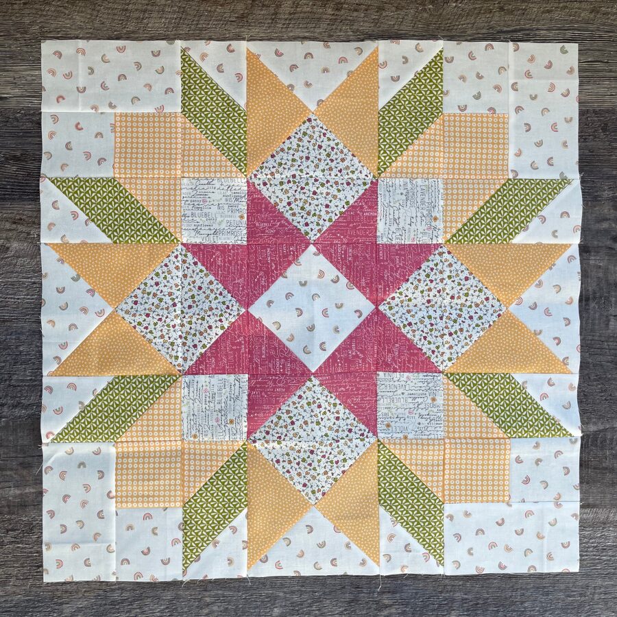 Barn Star quilt block made with Sweetwater fabrics
