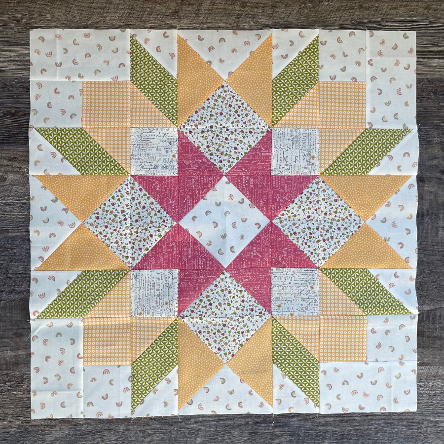Barn Star quilt block made with Sweetwater fabrics
