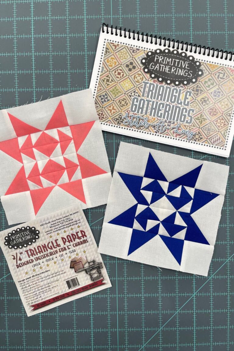 Primitive Gatherings Twilight Stars Quilt Along using the Triangle Gatherings book and half square triangle paper