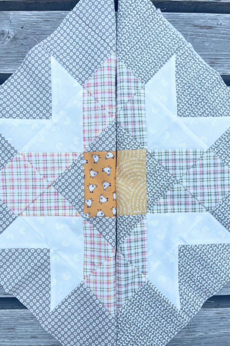 Block 7 of the Barn Star Sampler Quilt Along by Fat Quarter Shop. This shows two of the 16 inch star quilt block using Sweetwater Fabrics.
