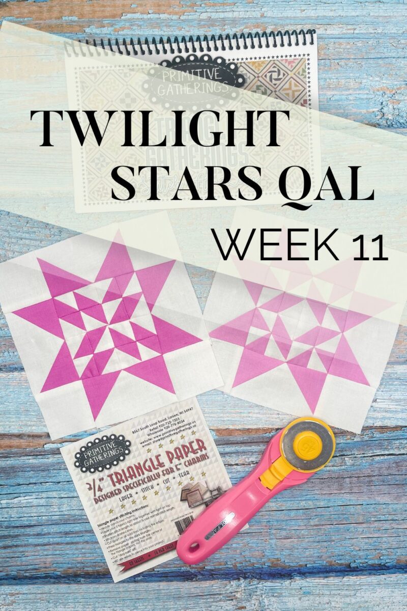 Twilight Stars QAL week 11 quilt blocks. The blocks are made of half square triangles offset by flying geese and corner blocks in white and purple.