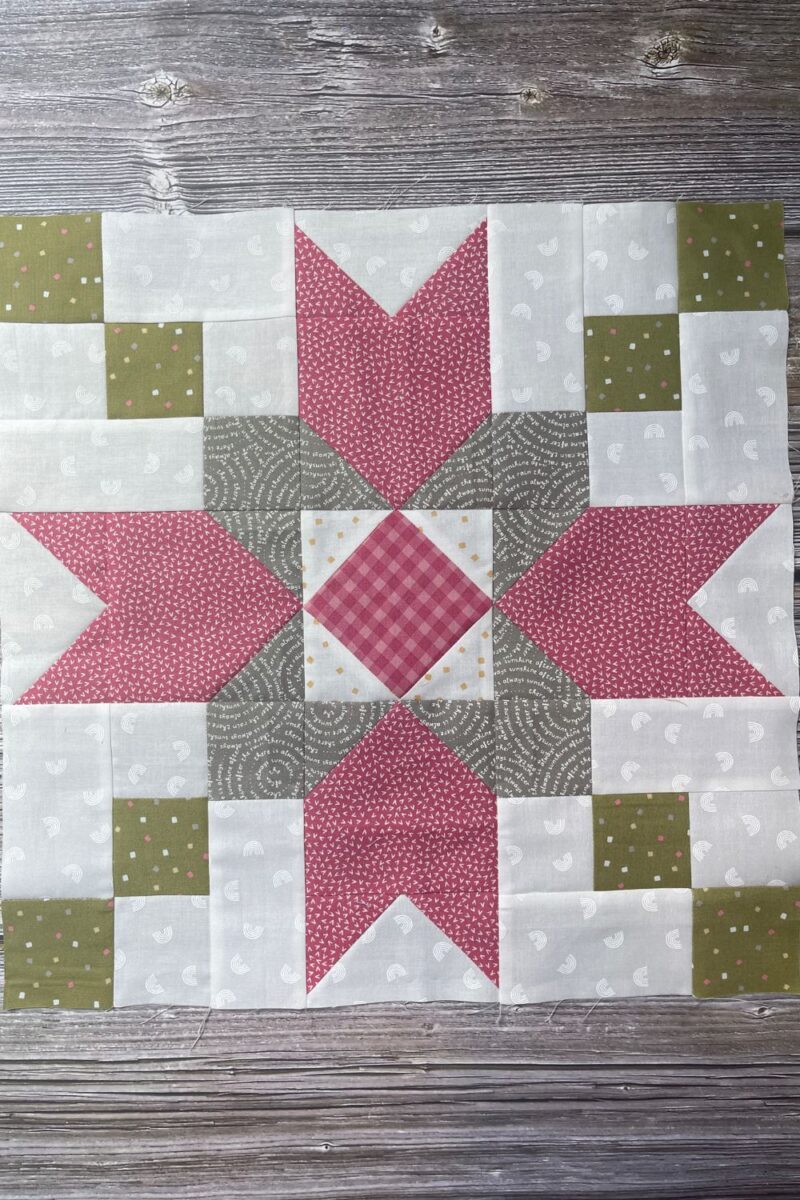 Farmer's Star quilt block featuring fabric from Renew and Spring Chicken by Sweetwater in colors green, grey, pink, and white.