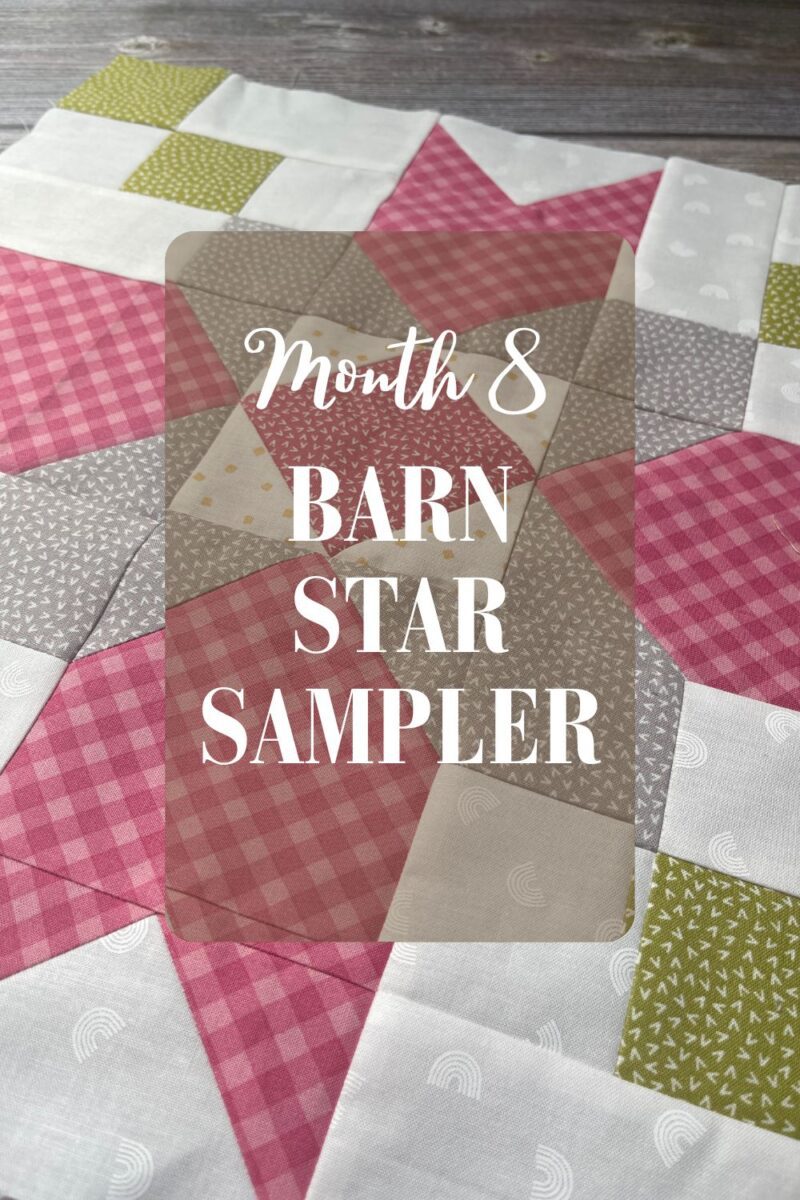 Farmer's Star quilt block featuring fabric from Renew and Spring Chicken by Sweetwater Cover Image with month 8 overlaid.