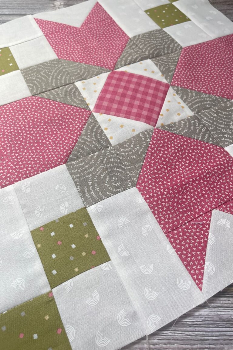 Farmer's Star quilt block featuring fabric from Renew and Spring Chicken by Sweetwater in colors green, grey, pink, and white.