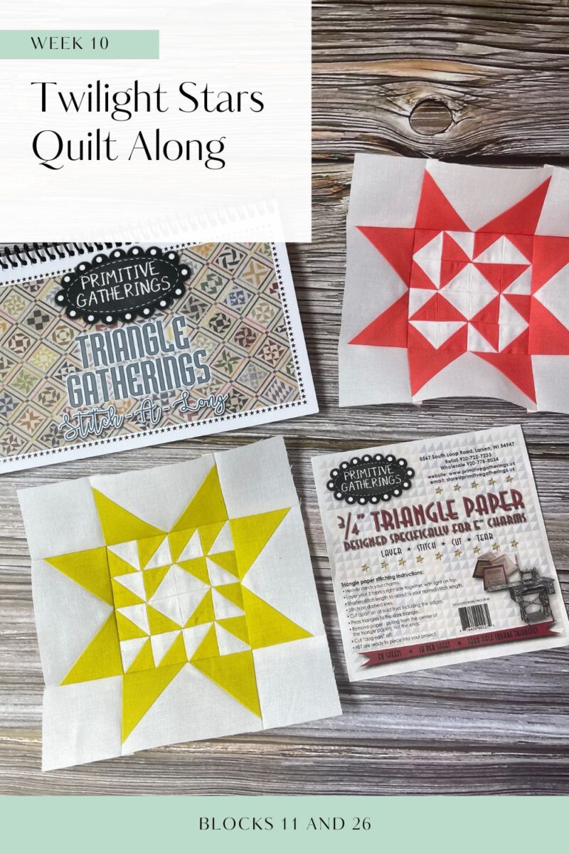 Twilight Stars QAL cover image with 2 quilt blocks using the Triangle Gatherings Quilt book.