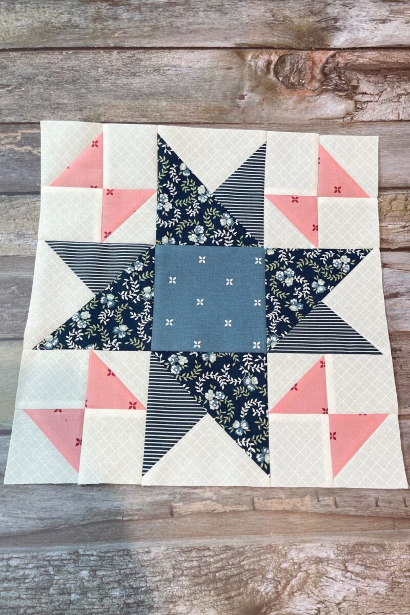 Designer Mystery block 3 from Fat Quarter Shop. It is the Jasmine block designed by Jackie MacDonald of Sweetfire Road. Uses the Sunnyside fabric collection