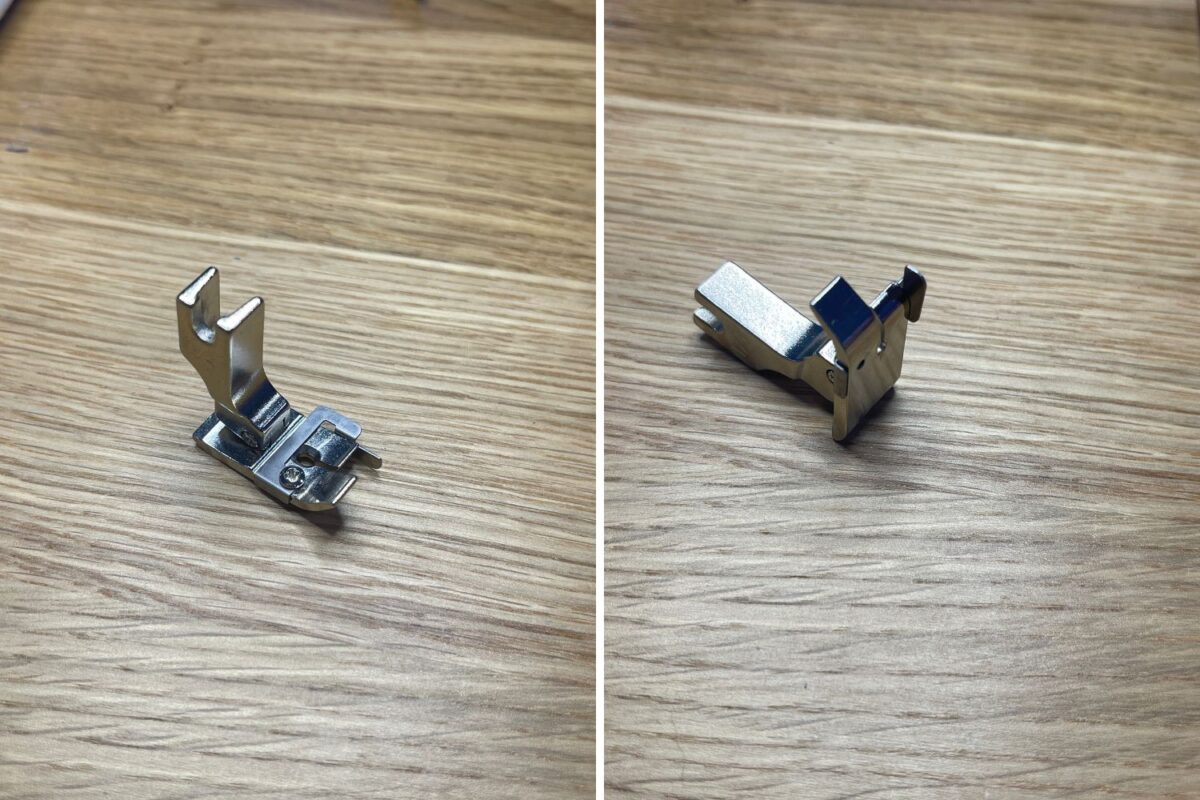 A 1/4 inch presser foot for a Juki Sewing machine. This foot helps with seam allowance accuracy