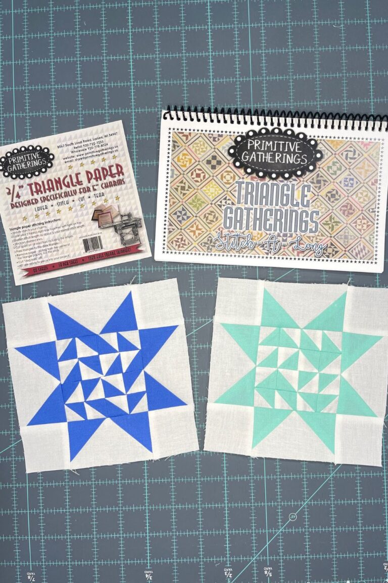 Twilight Stars Week 9 blocks with the Triangle Gatherings Book and 3/4 inch Triangle paper to make half square triangles from Charm Squares