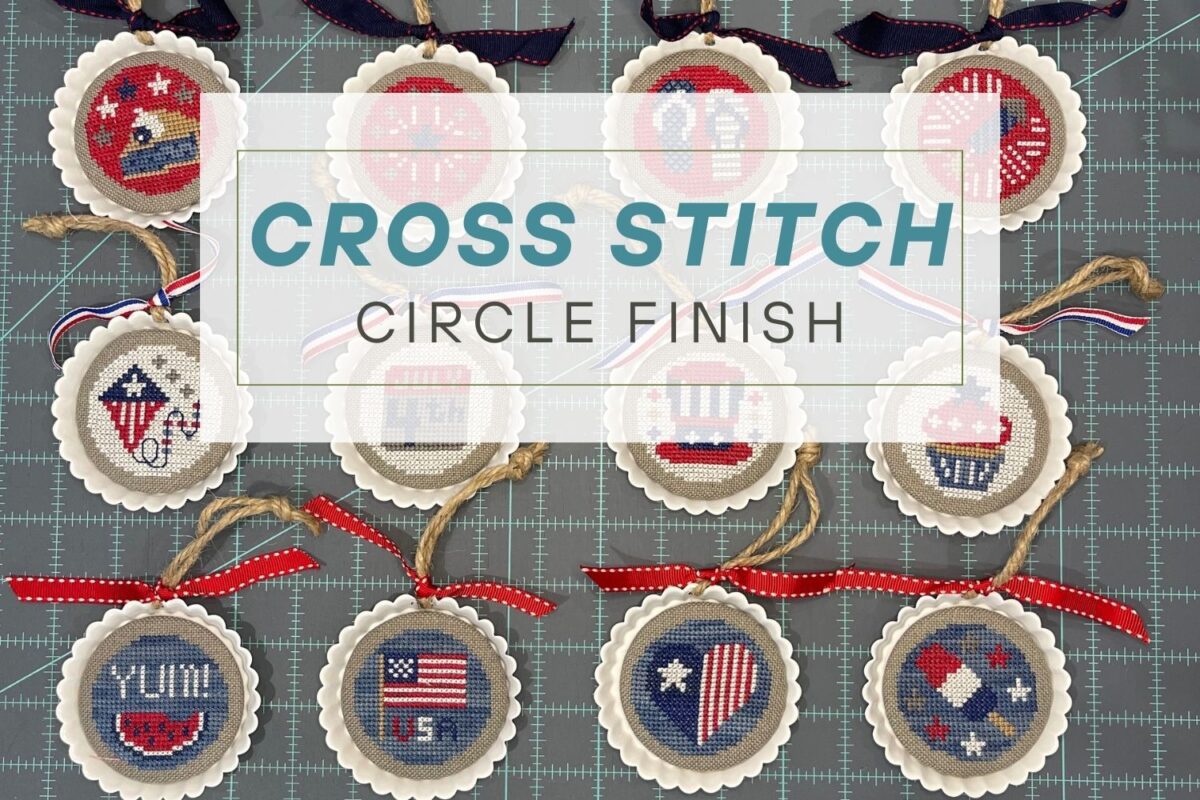 Cross Stitch Circle Finish featuring the 12 Star Spangled Ornaments from Fat Quarter Shop.  Finished in tart tin ornaments.