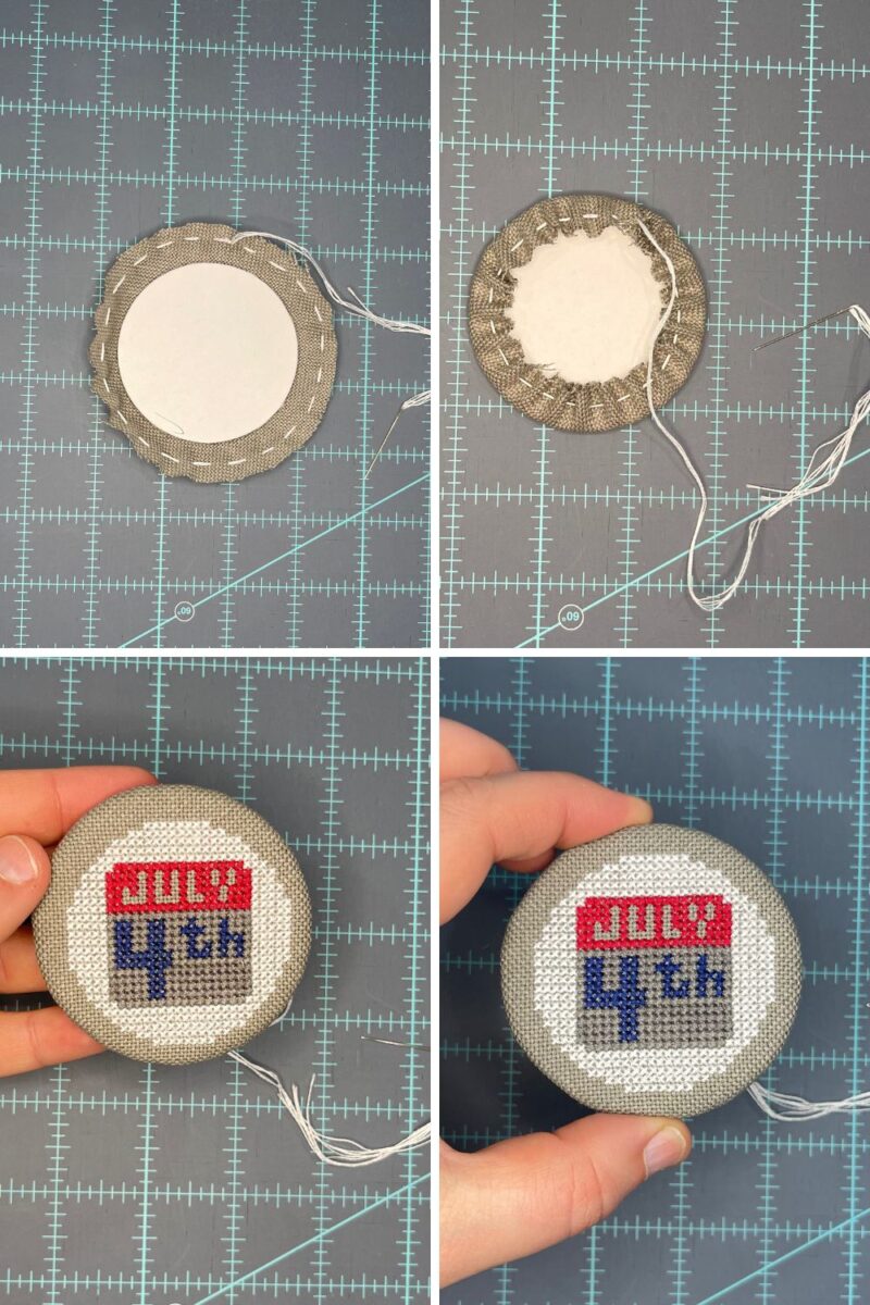 Finishing a round cross stitch piece by pulling a running stitch tight around a round sticky board.