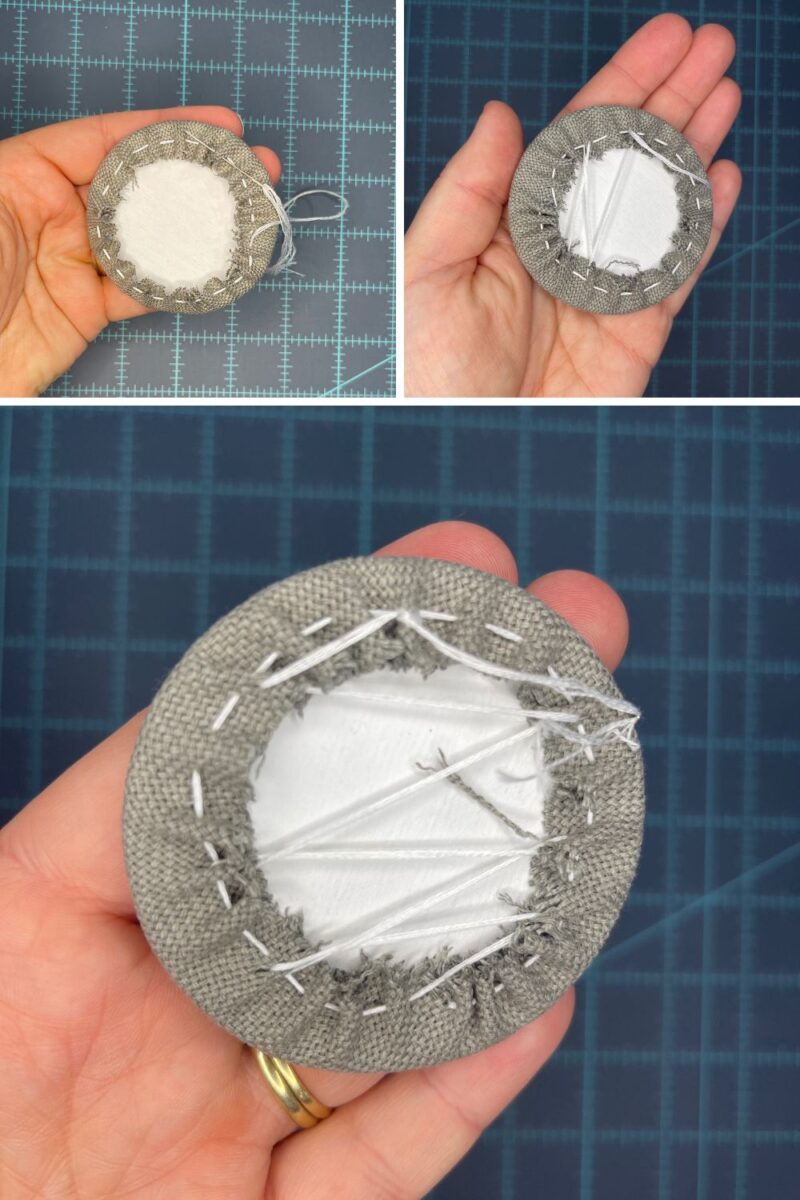 Lacing the back of a small cross stitch circle to finish the piece.