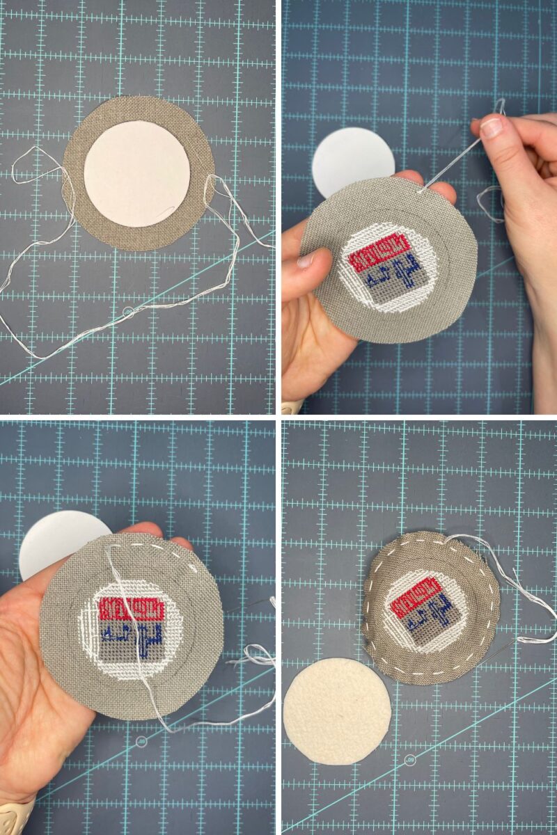How to do a running stitch around the outside of a circle of cross stitch fabric to finish it into a tart tin.
