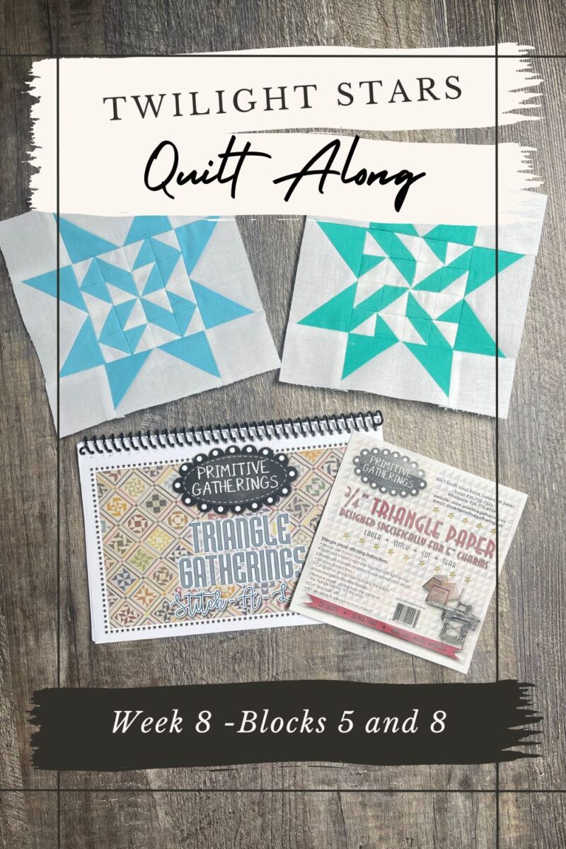 Twilight Stars Quilt Along Week 8 using the Triangle Gatherings quilt book. They are half square triangle blocks with a flying geese setting.