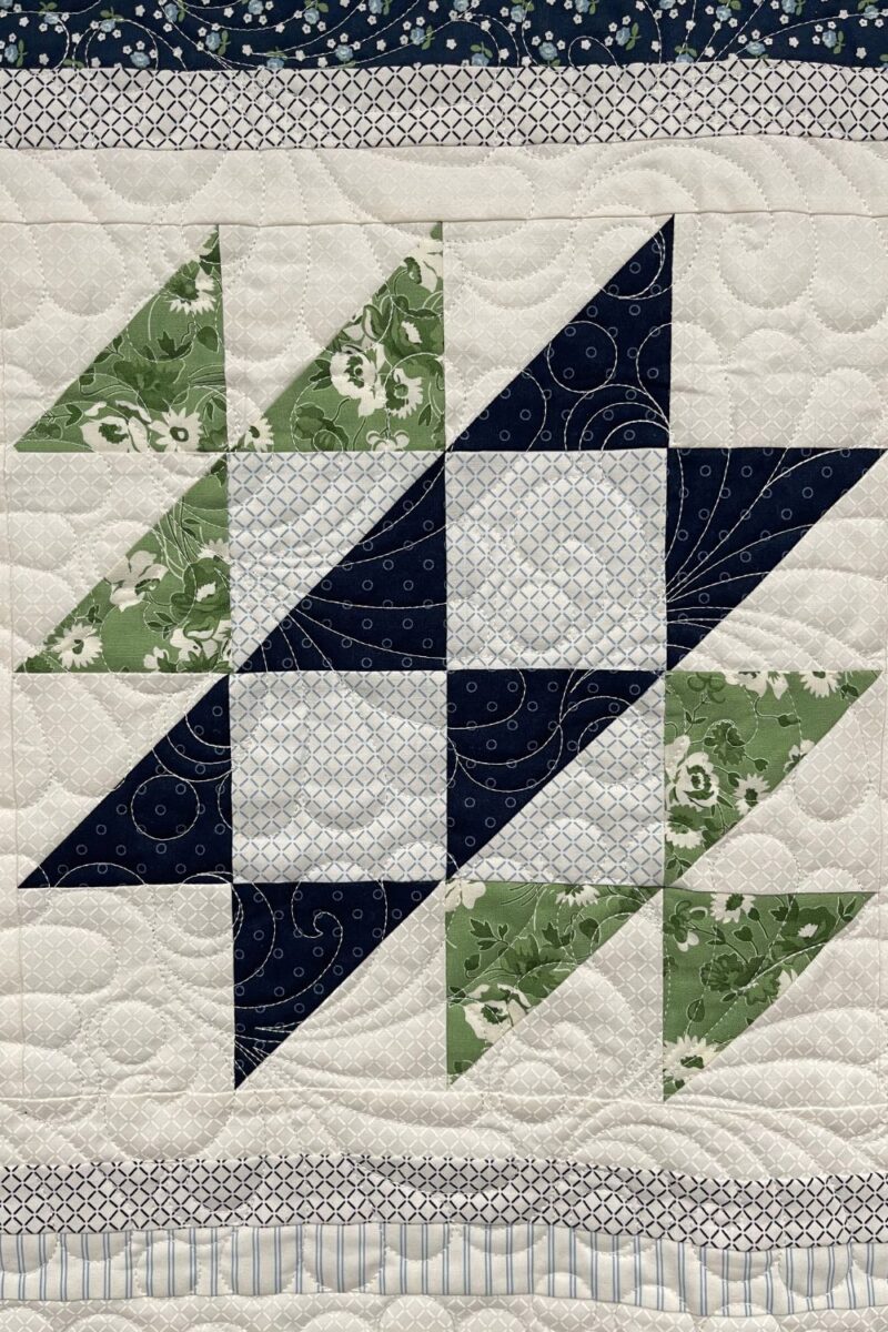 Quilt block using half square triangle units