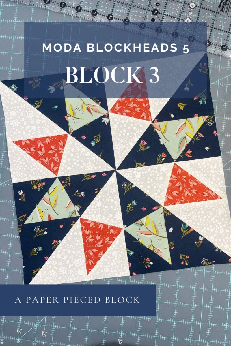 Blockheads 5 Block 3 cover image. Block is a paper pieced block made with Songbook fabric collection by Fancy That Design House