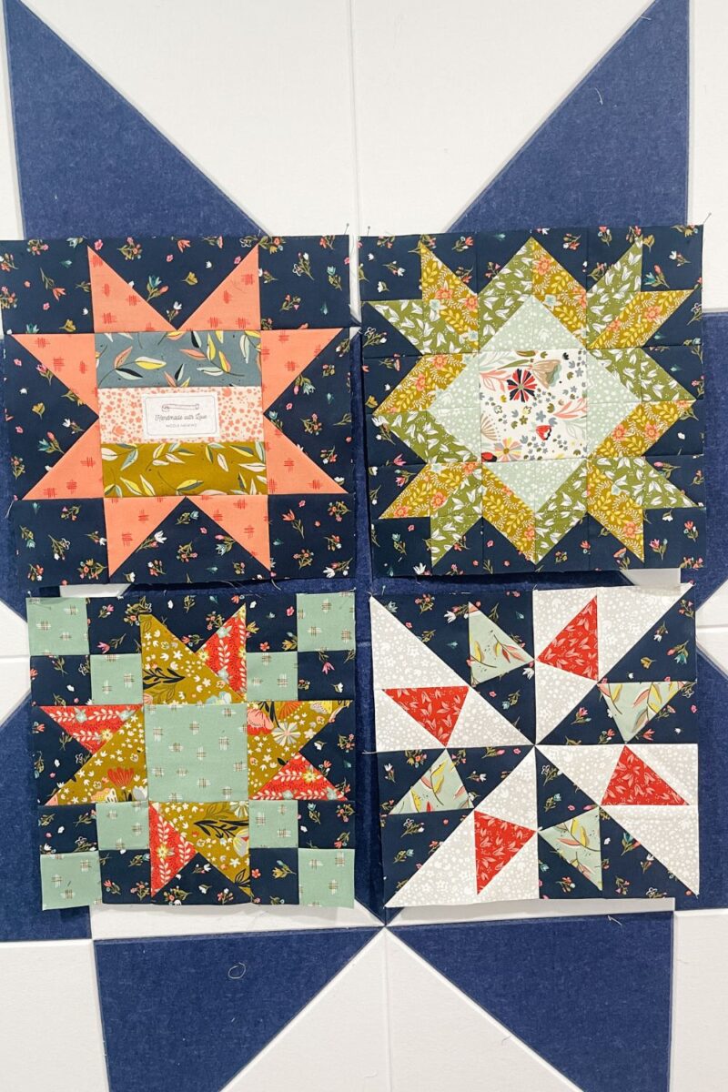 Blockheads 5 progress as of week 4. Shows the first 3 blocks and the bonus signature block. All blocks are made with Songbook fabric collection by Fancy That Design House