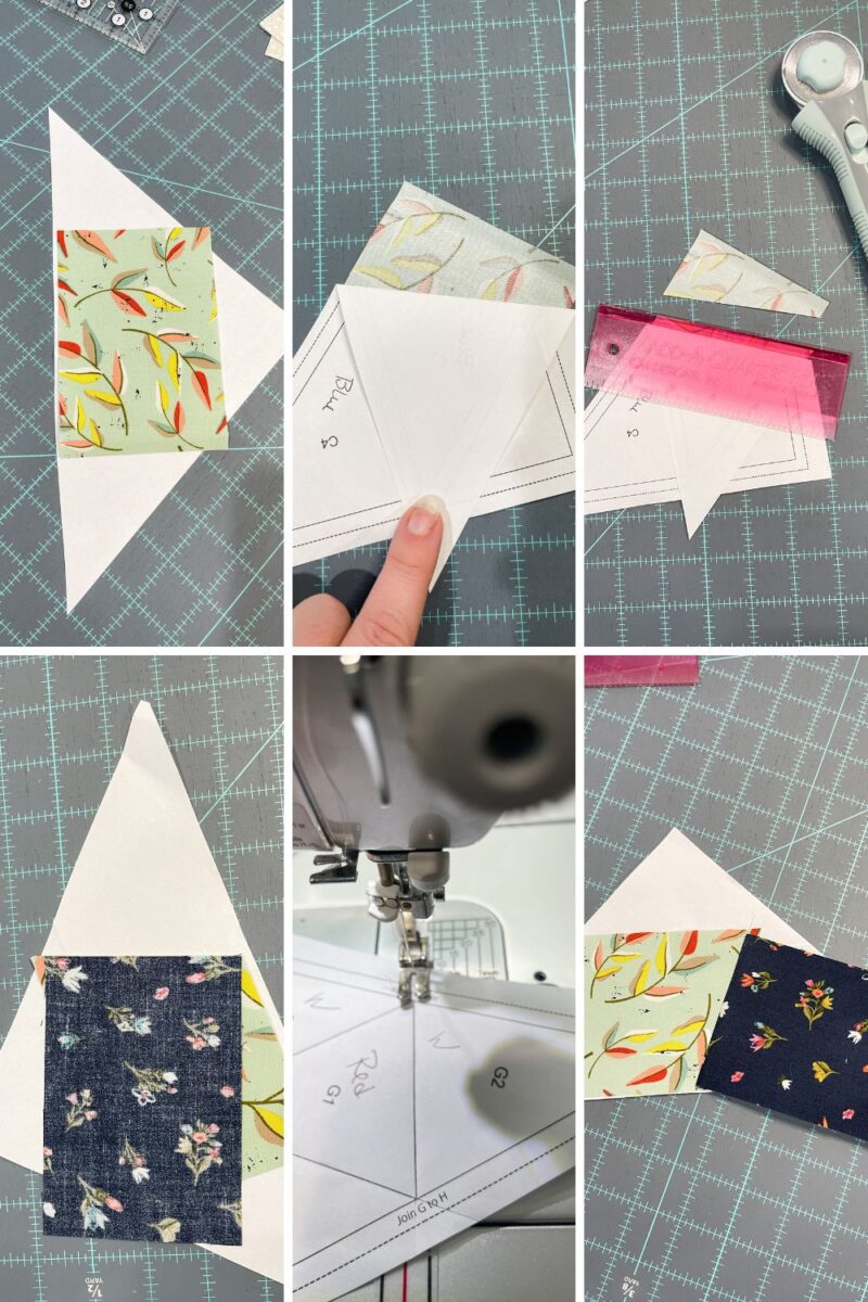 Step by step photos of how to assemble one section of the paper pieced block.