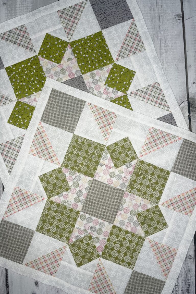 Peony Star quilt block from the Barn Star Sampler quilt along month 9. There are modified four patch corners and square in a square blocks to make up the larger block. Made with Spring Chicken and Renew fabric collections by Sweetwater