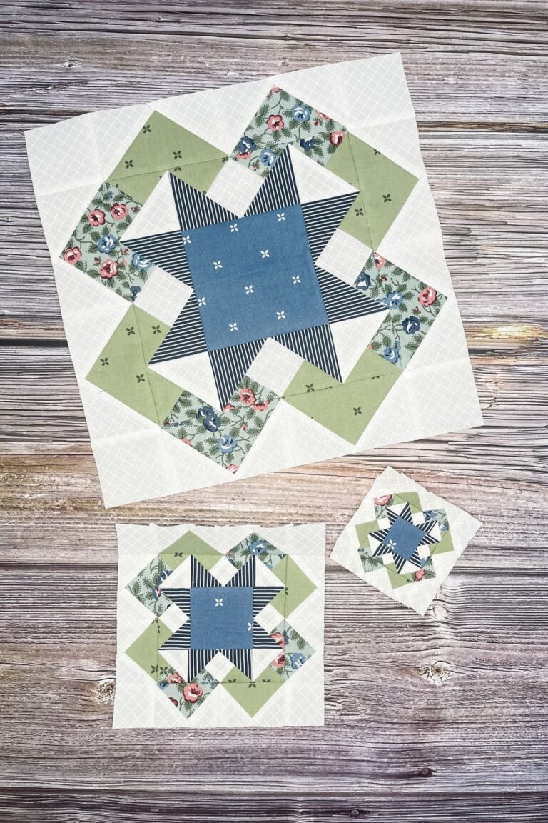 Designer Mystery month 4 blocks in 3 different sizes. The 12 inch size, the 6 inch, and the 3 inch. All in fabrics by Camille Roskelley.