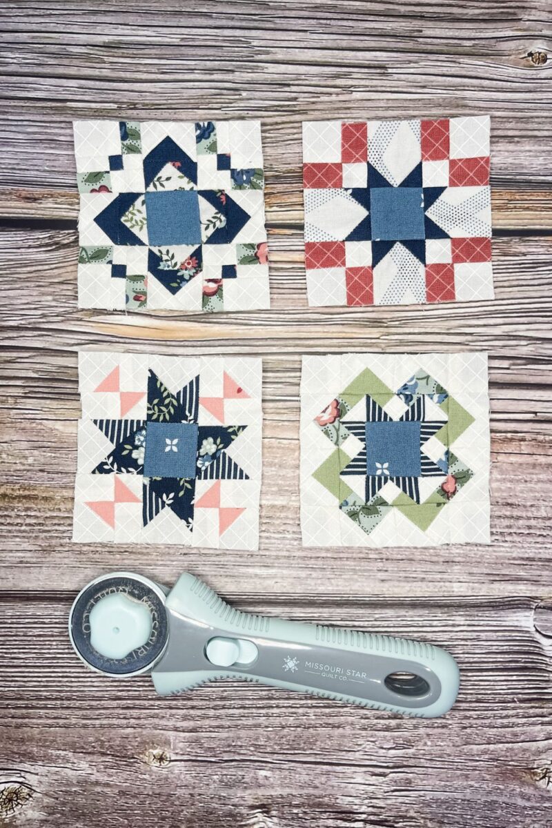 Designer Mystery quilt along by Fat Quarter Shop. Shows months 1 through 4 in the mini 3 inch block size. Uses fabric line Sunnyside by Camille Roskelley