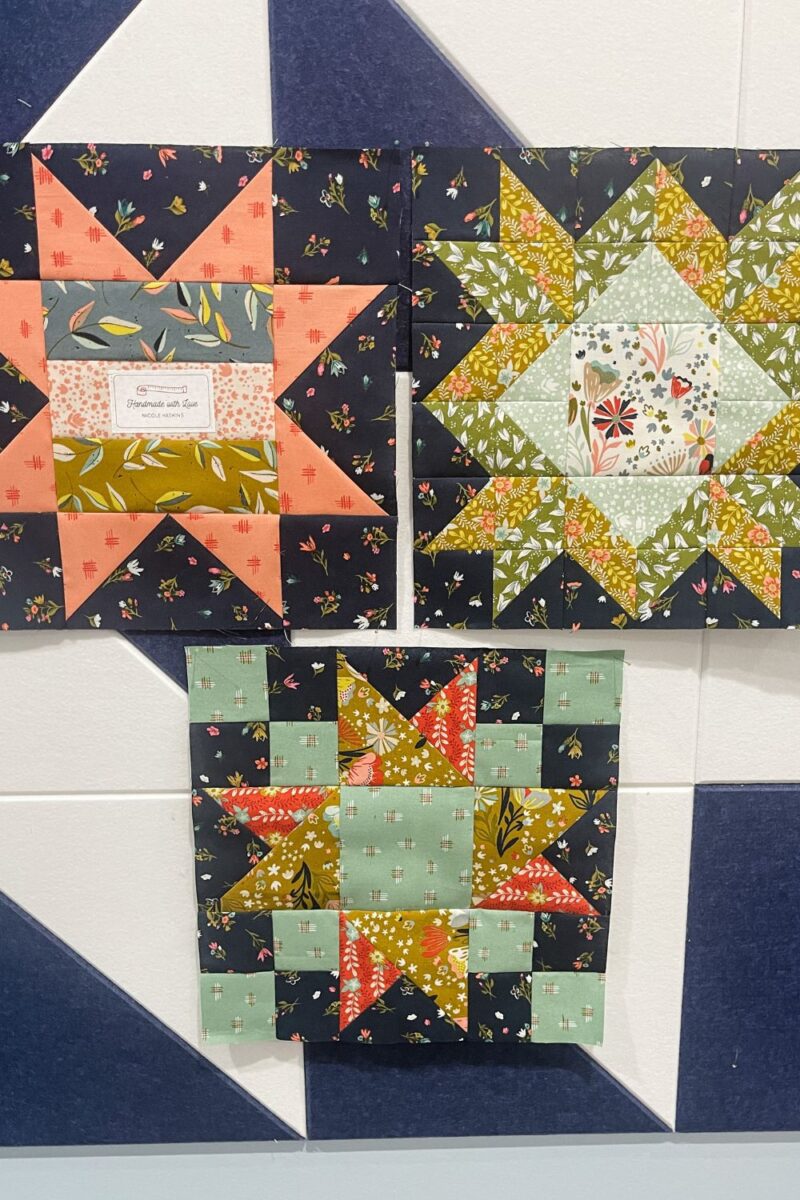 First 3 blocks of Moda Blockheads 5 quilt along. Fabrics are Songbook and Songbook a new page by Fancy That Design House