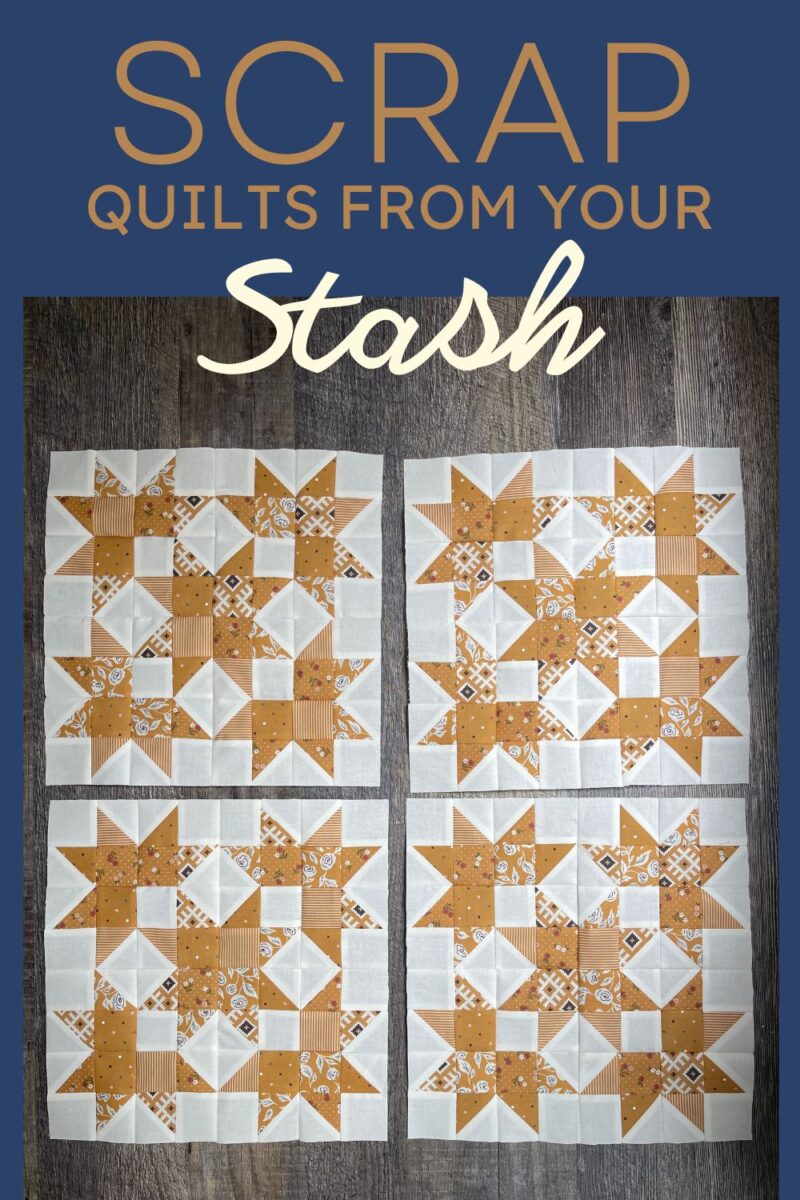 Scrap quilts from your stash cover image featuring four scrappy yellow and white star quilt blocks from the Bonnie's Beehive Quilt