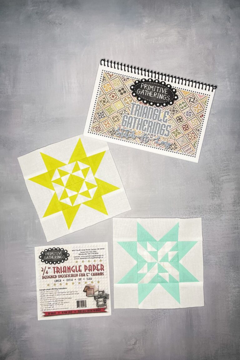 Twilight Stars Quilt Along week 14. Two Star blocks, numbers 90 and 77 shown in yellow and aqua. Also pictured is the Triangle Gatherings quilt book.
