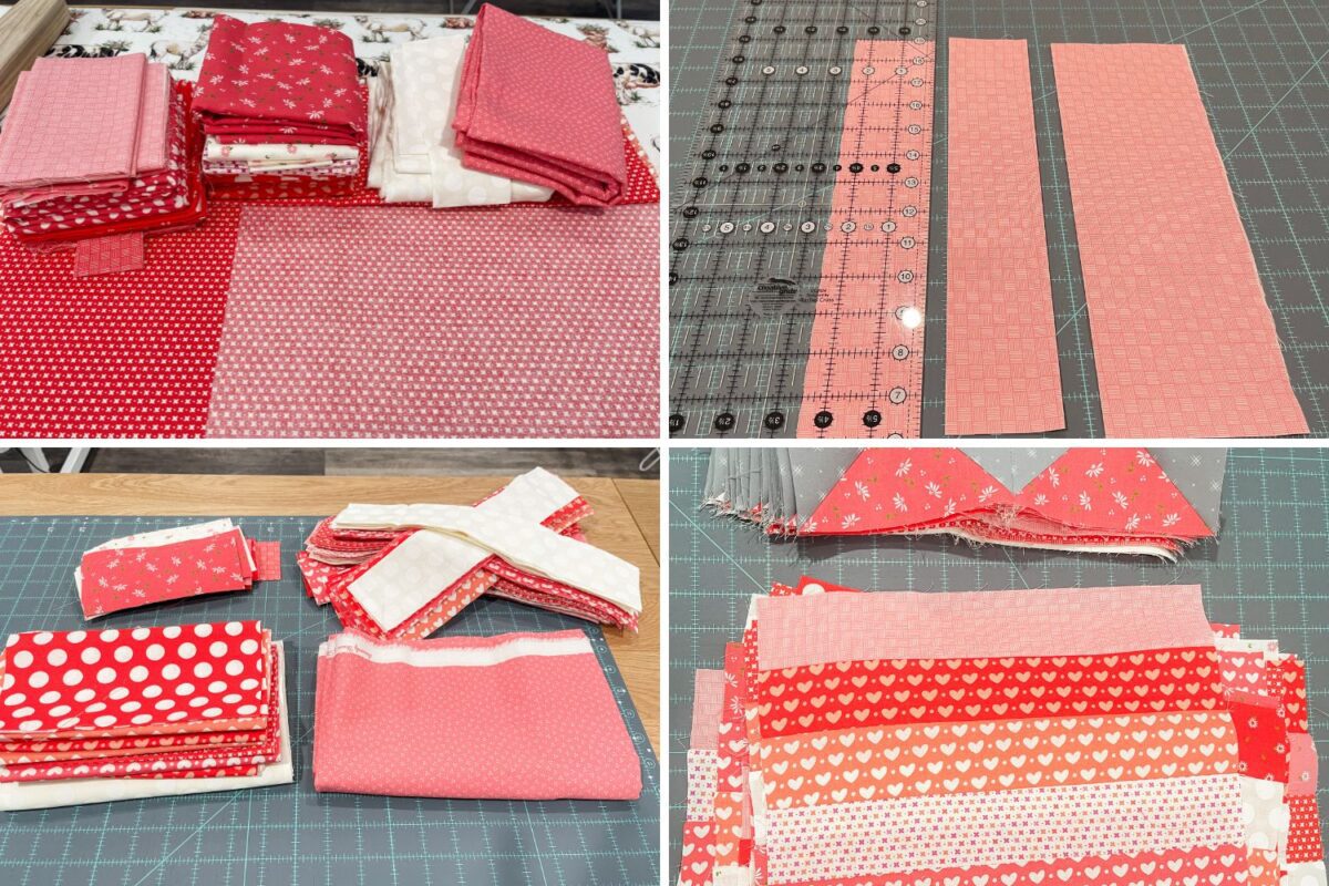 Scrap buster quilt with Sincerely Yours fabrics and the You Have My Heart Quilt pattern by Bonnie and Camille. Shows the process of the pile of scrap fabric, being cut down, the remaining fabric with the strips that were cut, and the partially assembled heart blocks