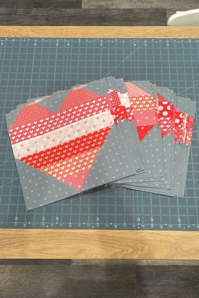 Heart quilt blocks using Sincerely Yours scrap fabric and Beyond Bella grey fabric.