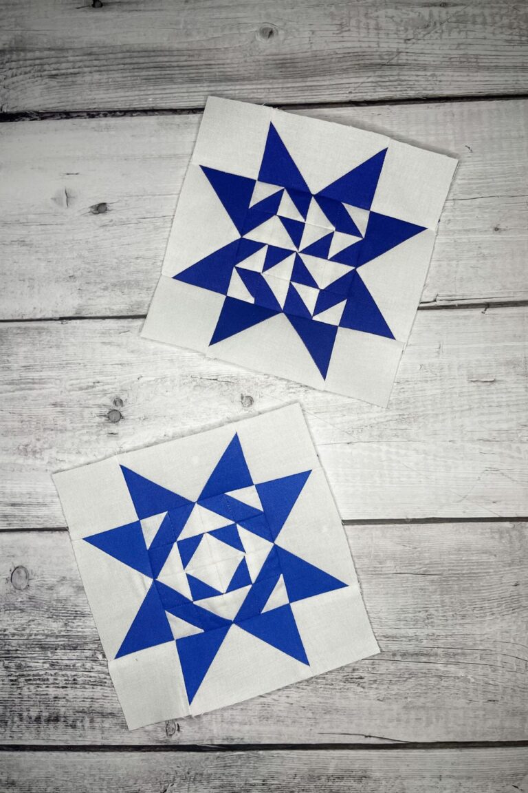 Two quilt blocks for the Twilight Stars Quilt Along with Lisa Bongean. The blocks are two different shades of dark blue with 16 half square triangles making up the centers and flying geese sides completing the star blocks