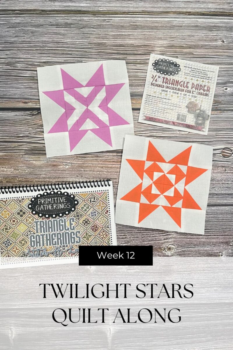 Twilight Stars blocks 22 and 91 in Orange and Lilac. Pictured with the Triangle Gatherings quilt book