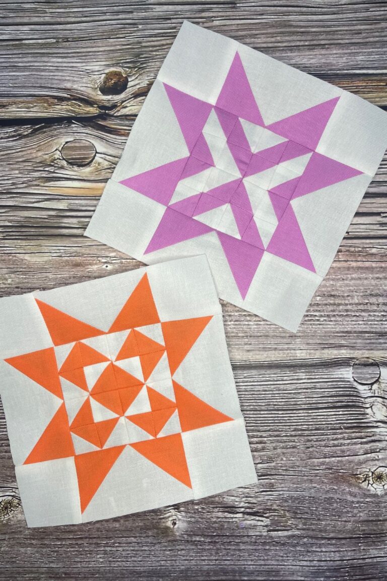 Triangle Gatherings quilt along week 12 blocks 22 and 91 in lilac and orange.