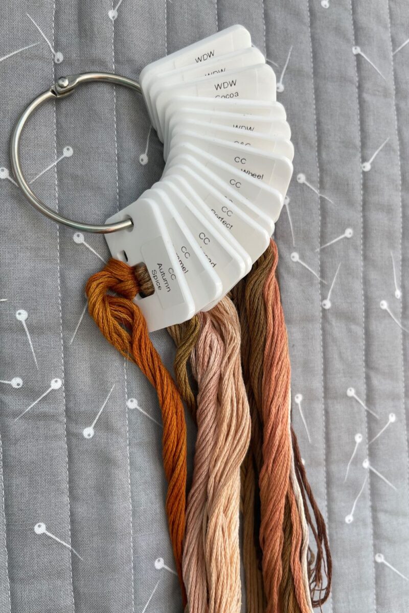 Brown overdid cross stitch floss organized on a binder ring and floss chips by Pip and Chip.