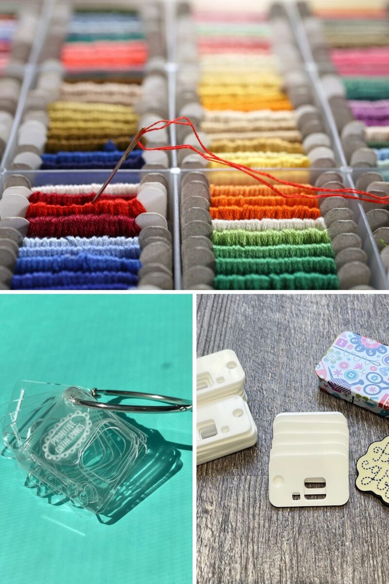 A variety of cross stitch thread storage ideas including floss bobbins in an organizer, floss drops and floss chips from Pip and Chip