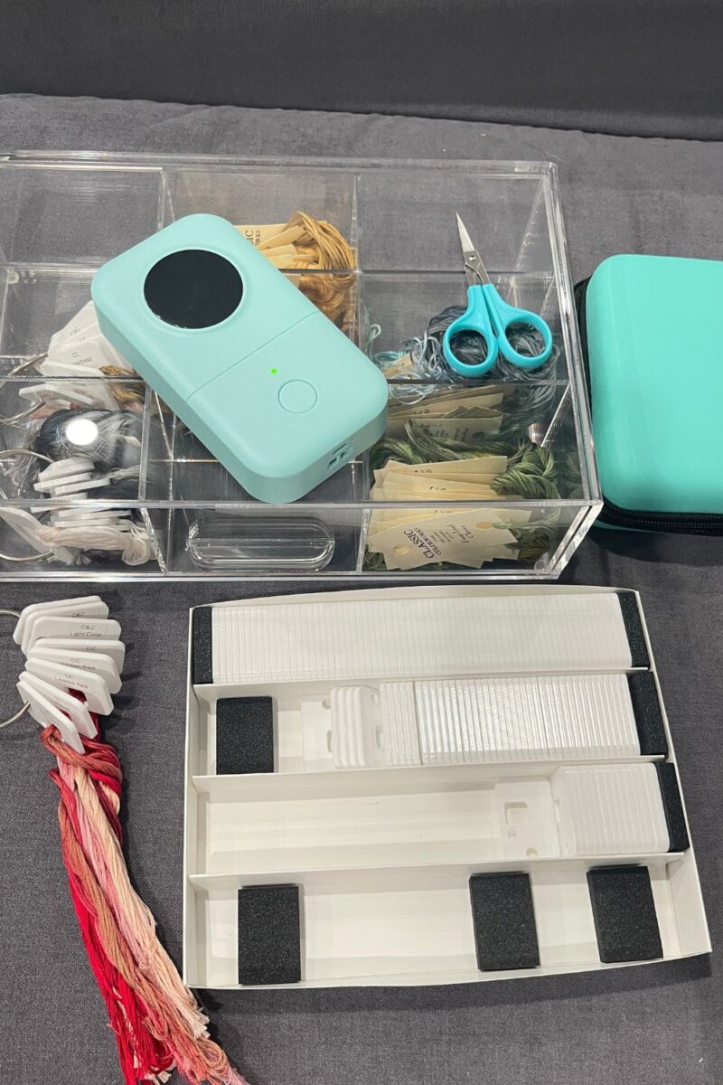 Organizing cross stitch floss with a thermal label maker, Pip and Chip floss chips, and an acrylic drawer organizer