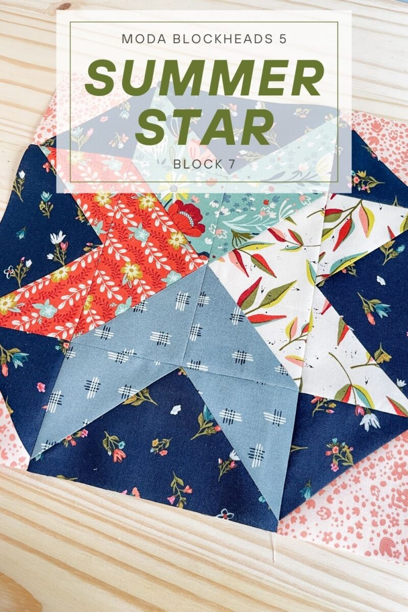 Summer Star cover image. Finished quilt block made with 6 flying geese and 4 half square triangle blocks