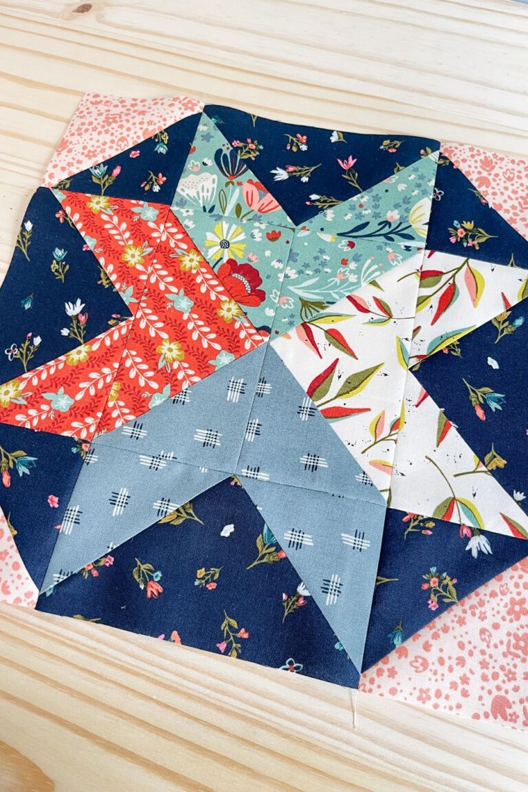 Finished Summer Star quilt block made with Fancy That Design House fabrics
