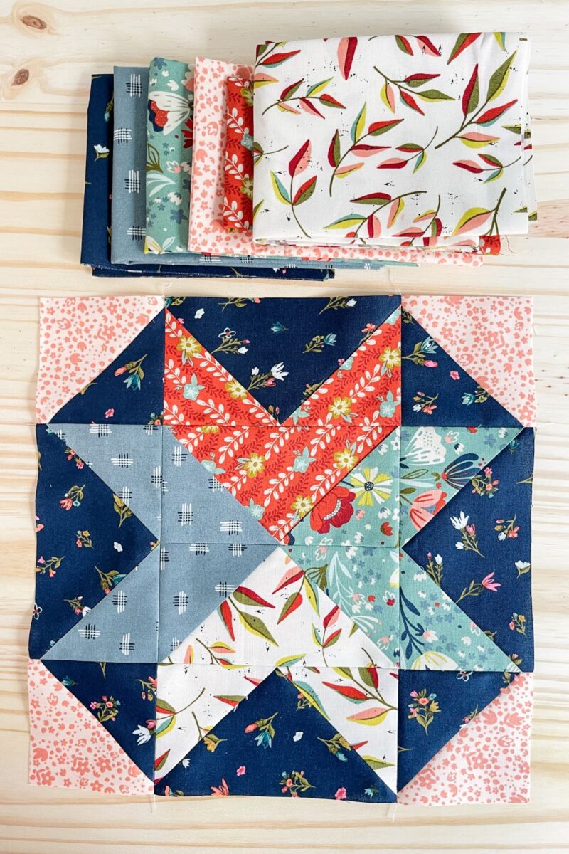Fabric selection and finished Moda Blockheads Block 7. Fabric is by Fancy That Design House