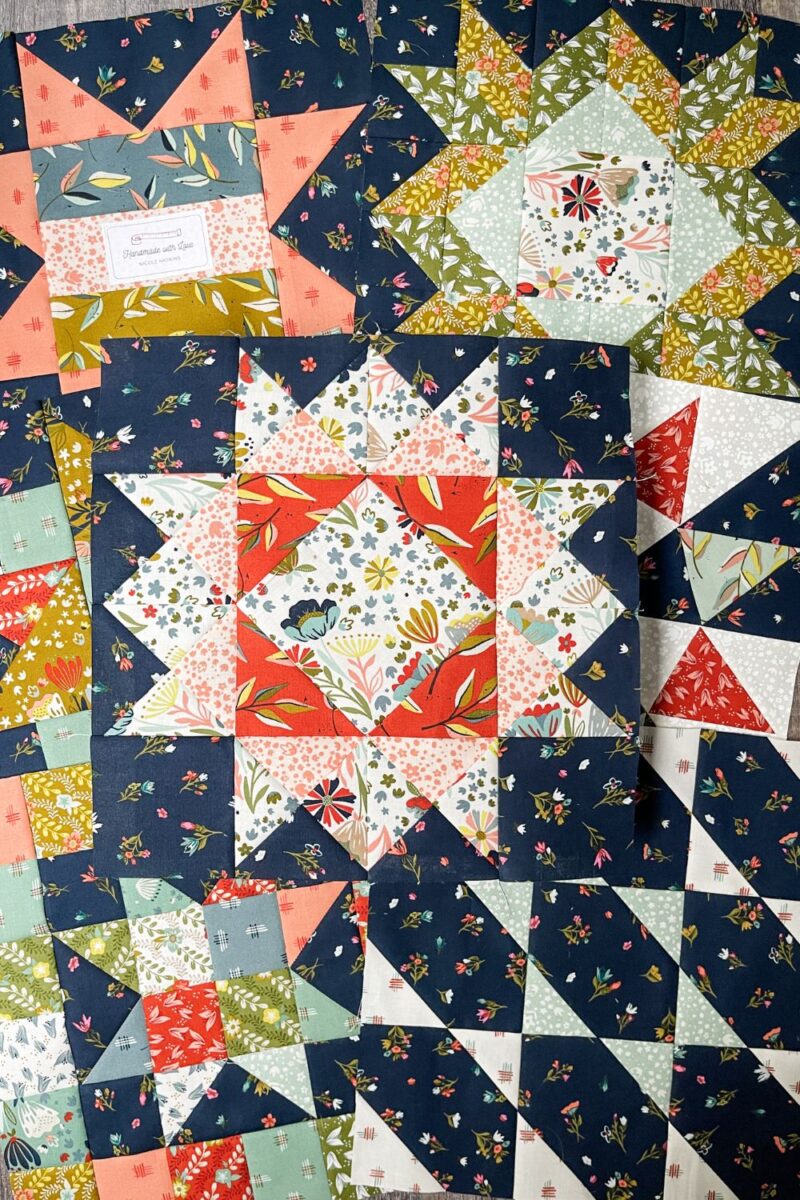 Moda Blockheads 5 quilt blocks 1-6 plus the bonus signature block made in Songbook fabrics.