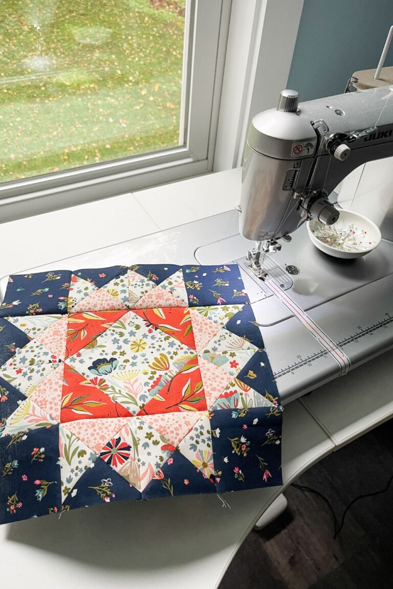 Moda Blockheads 5 block 6, the Celeste block designed by Laurie Simpson. Block is made in Songbook fabric collection.