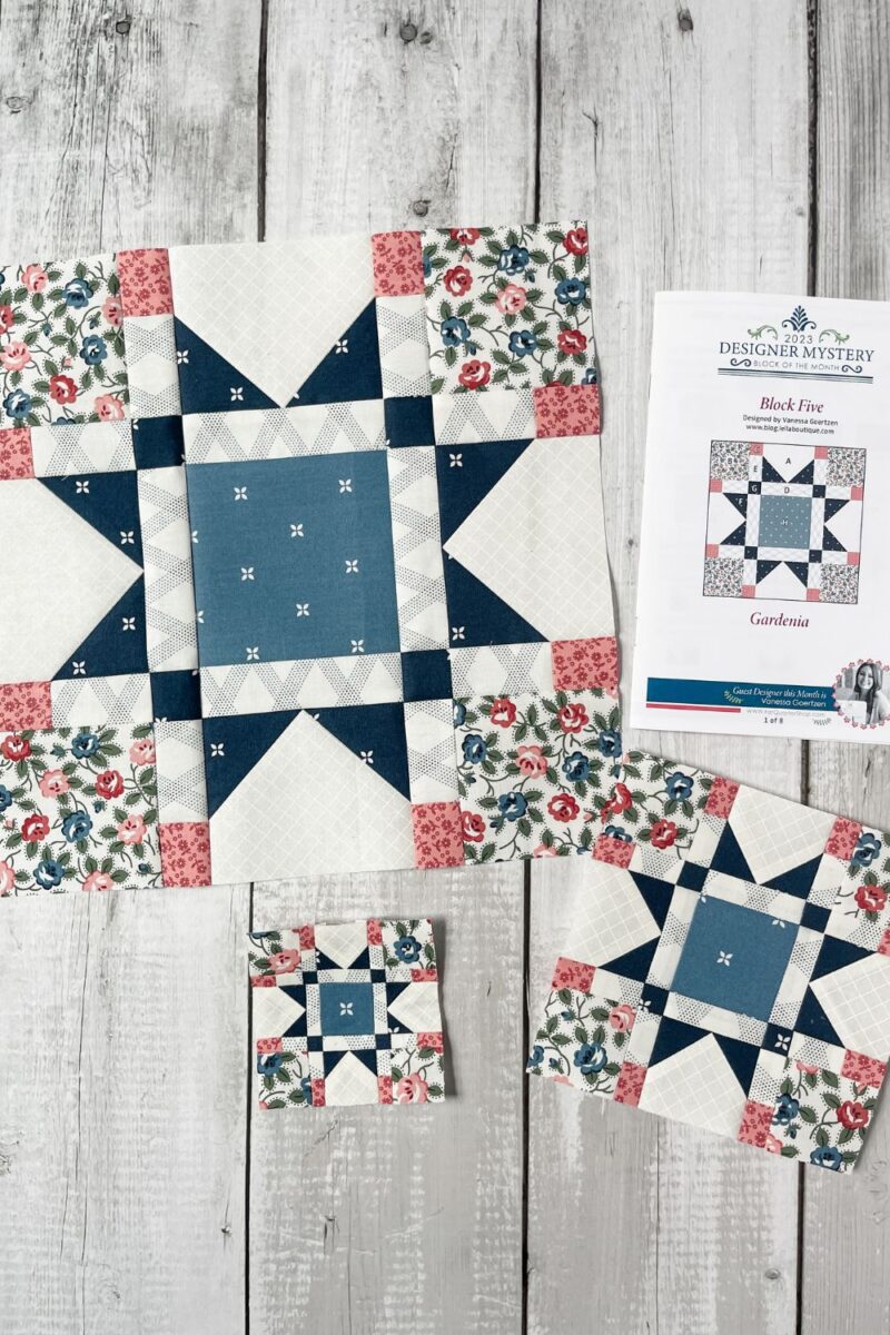 The Gardenia quilt block in 3 finished sizes along with a picture of the pattern booklet.