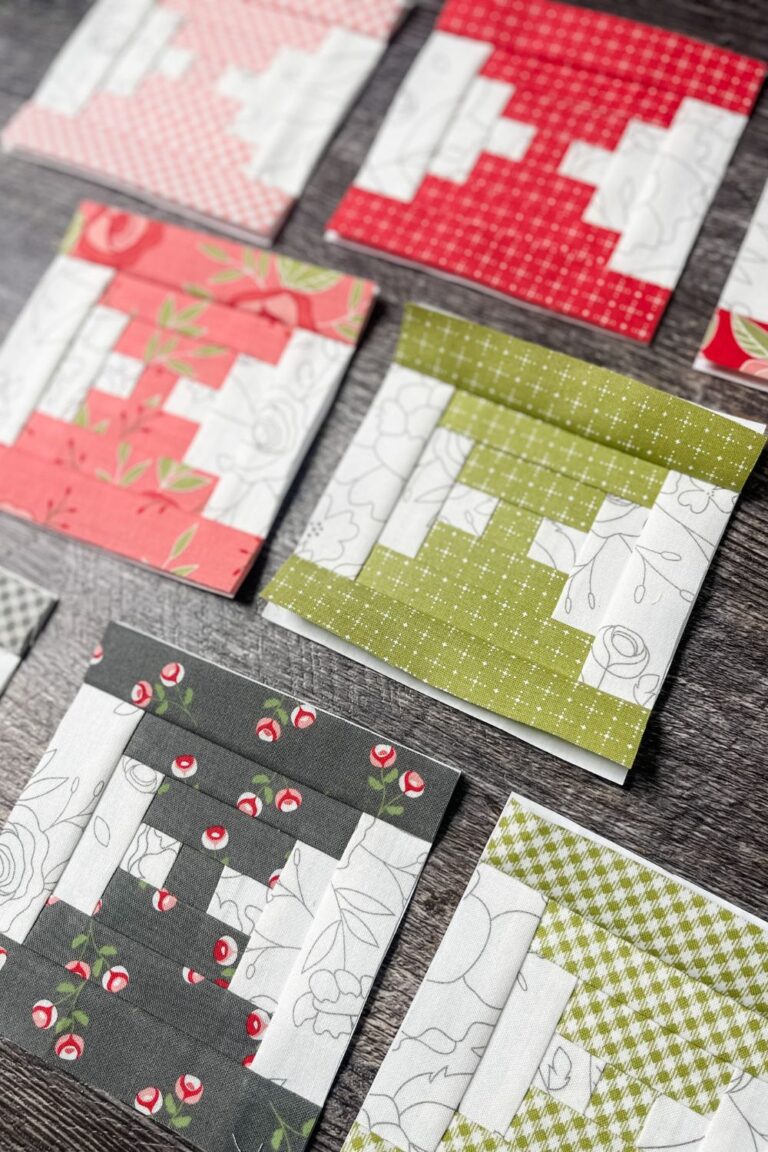 Courthouse steps quilt blocks made using foundation paper in a 4 inch finished size. Blocks feature the Beautiful Day fabric collection