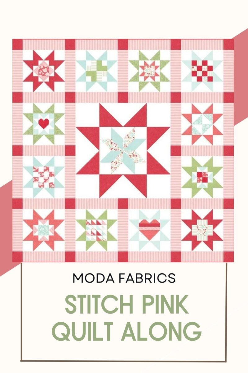 Moda Stitch Pink 2023 blog cover image with picture of the Adore quilt