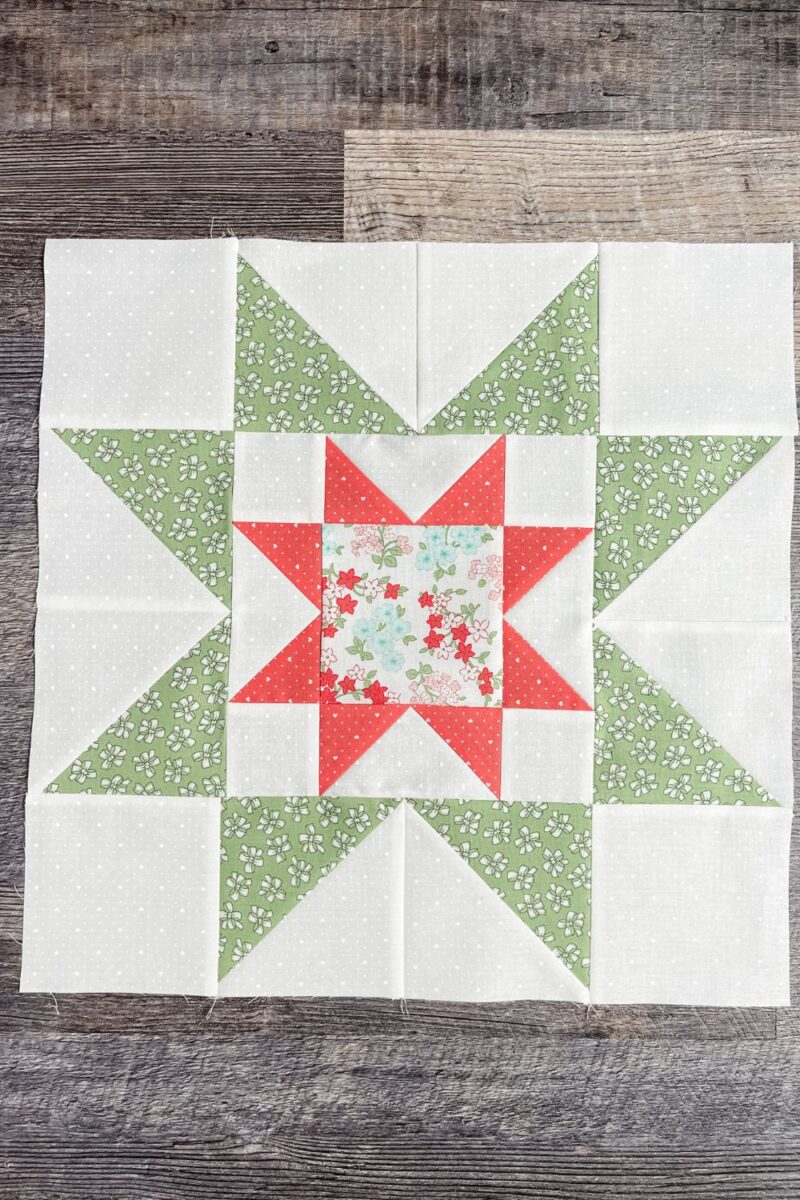 Adore quilt block 3. A star block with two sets of star points.
