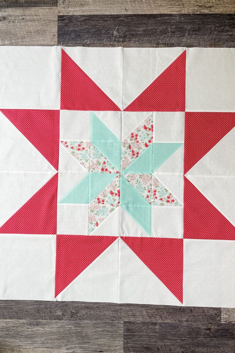 Adore Quilt Kit center star block. Made with Lighthearted fabric collection by Camille Roskelley