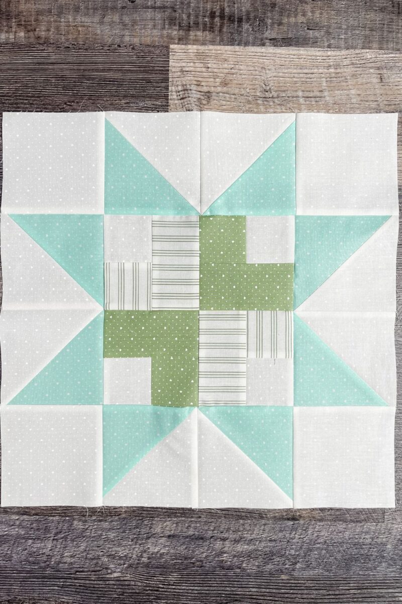 Adore quilt block 3 in green, white, and aqua