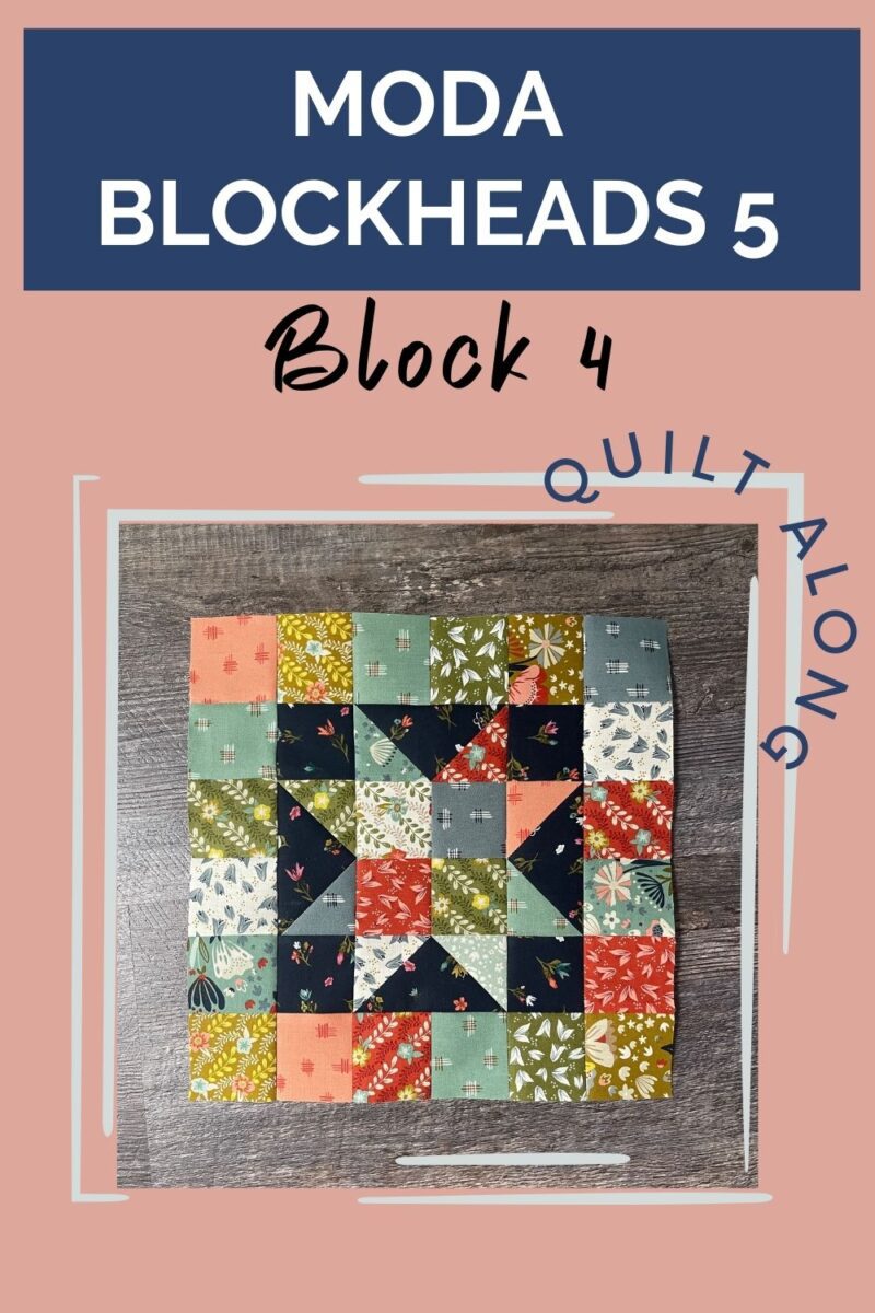 Cover image for Moda Blockheads 5 block 4. Shows the finished scrappy star block in Songbook fabric.