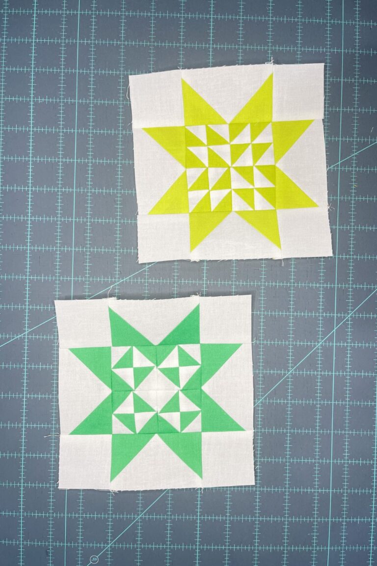 Week 15 blocks for Twilight Stars Quilt Along. Quilt blocks are monochromatic. One is yellow and white, the other is green and white.