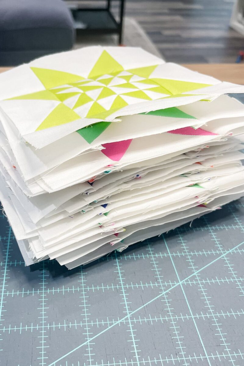 Twilight Stars progress. 30 star quilt blocks that have been made so far in the first 15 weeks of the Twilight Stars Quilt Along