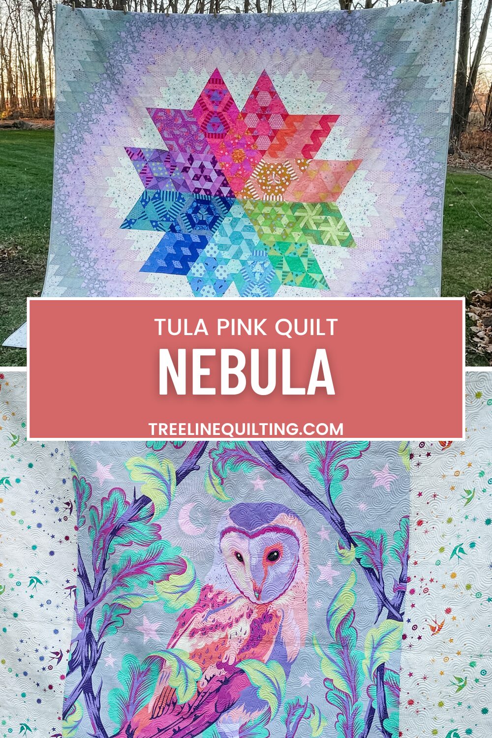 Front and back of the Nebula Quilt by Jaybird Quilts using Tula Pink fabrics